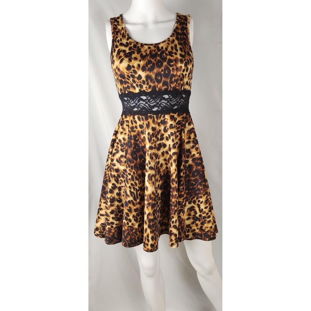 Leopard Print Skater Dress • Lace Waist • Sleeveless • Size S